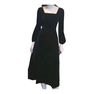 NWT Chic Square Neck Plain Black Velvet Midi Dress A-Line Japanese Brand Lined